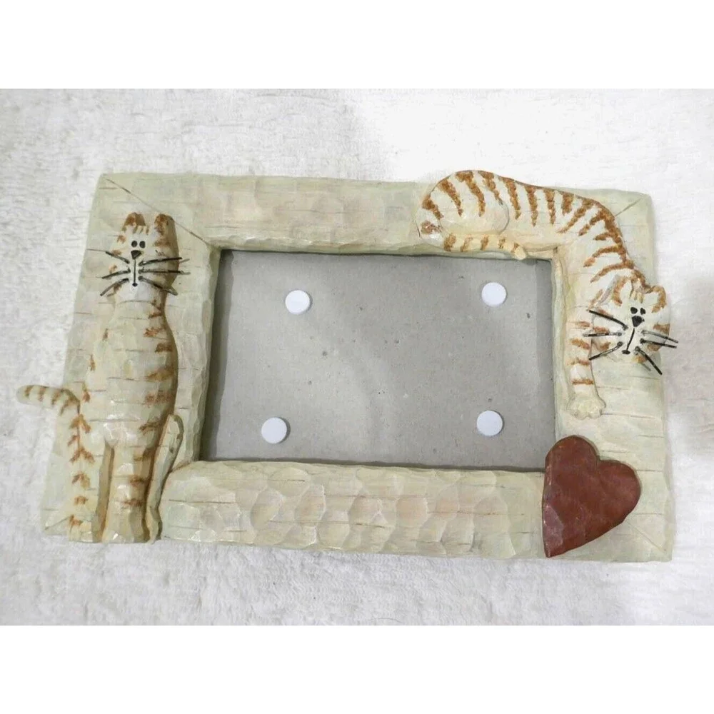 Heart & Home Kitty Cat Lover Photo Picture Frame Boho Folk Art Cute Striped Cats
